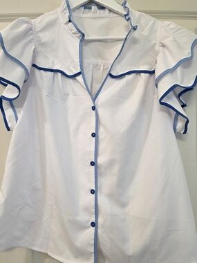 White Blouse with Blue Trim - Women's Button Front Top